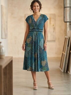 PerSeption Concept Peacock Paisley V-Neck Midi Dress Blue Teal Size Large
